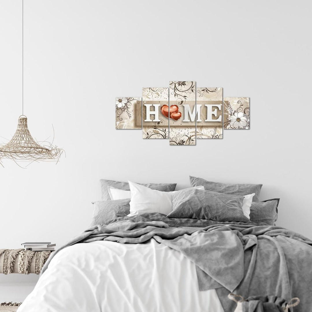 Runa Art Wandbilder Home Vintage 5 Teilig Bild auf Vlies Leinwand Deko Wohnzimmer Home Herz Beige 03
