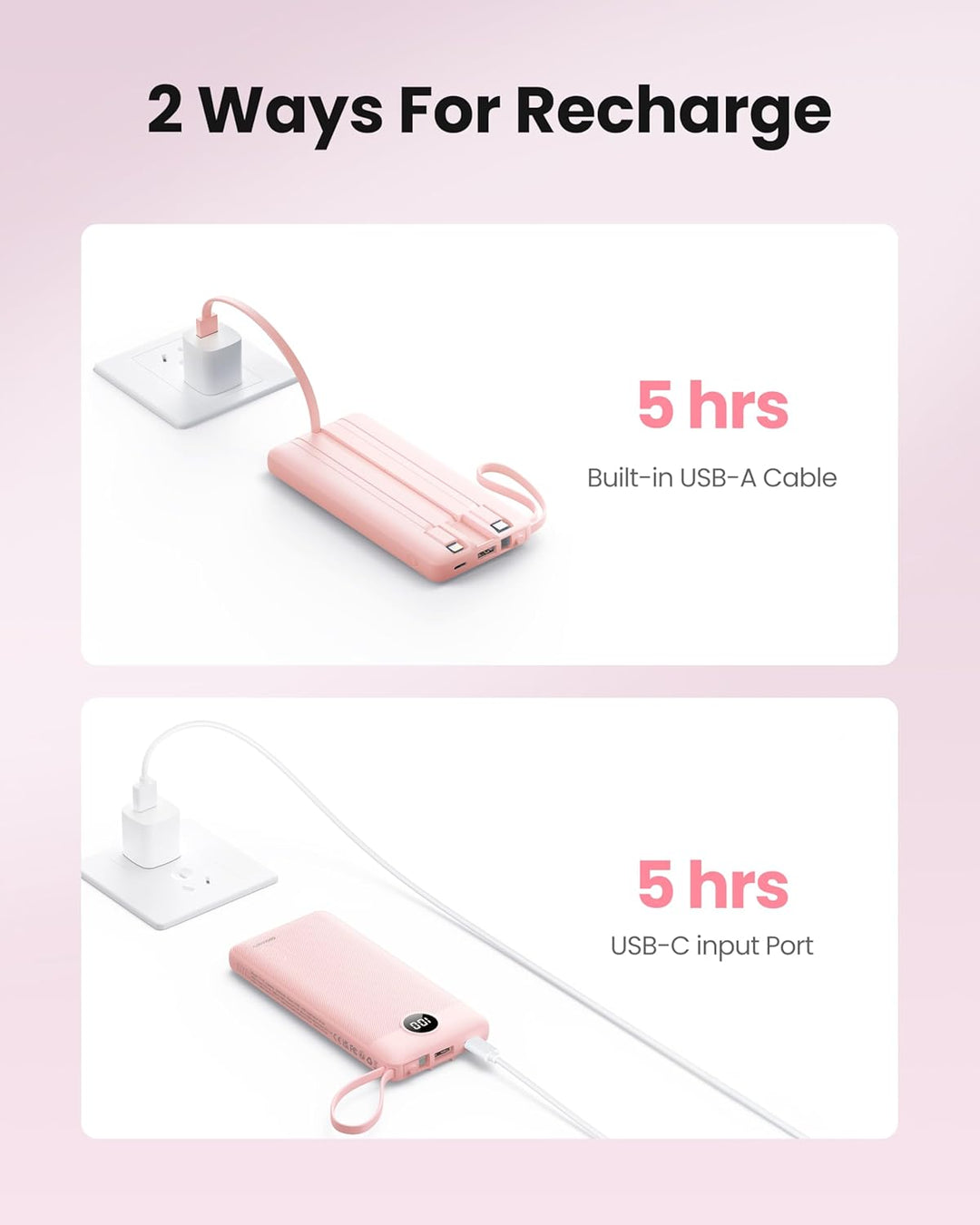 10000mAh Powerbank mit Ladekabel, Tragbares Ladegerät USB C, 5 Ausgänge 2 Eingänge LED Display Exter