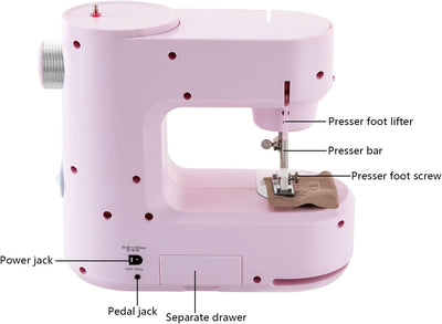 SABUIDDS Nähmaschine Rosa für Anfänger und Kinder, mit Hand- und Fusspedal, 5 Nähprogramme für Häuse