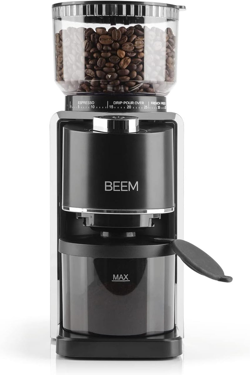 BEEM GRIND-PERFECT Elektrische Kaffeemühle - 250 g | 35-stufige Mahlgradeinstellung, Kegelmahlwerk,