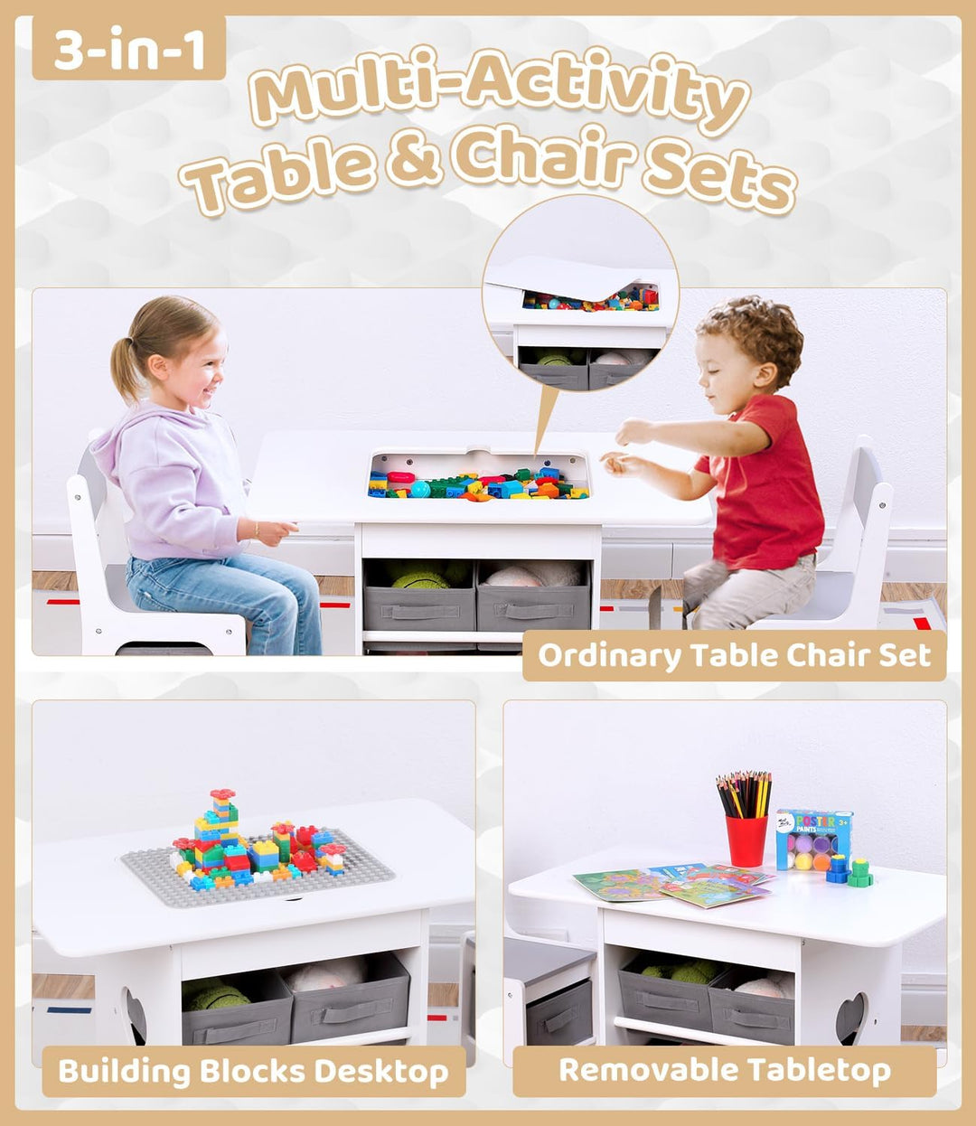 Relquorax Kindertisch und 2 Stühle Set 2-in-1 Kunststoffbausteine Kompatibel Aktivität, mit 6 Aufbew