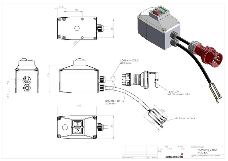 KlingerBorn Gehäuse K3100 für Motorschutzschalter ISKRA MS25 | Starter-Set mit 2m Netz- & Motoransch