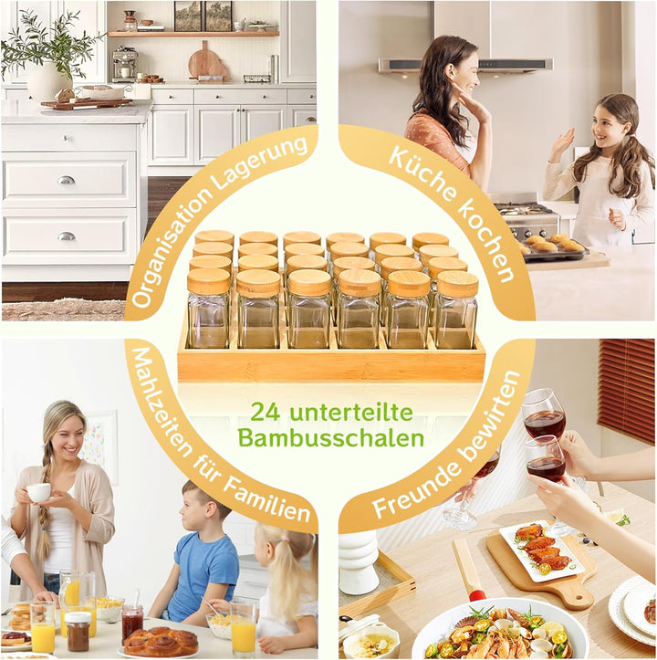 Umweltfreundliches Gewürzregale Holz mit 24 Bambusfächern | 24 120ml-Gewürzgläser Drawer Organizer |