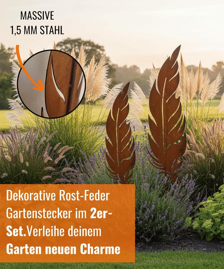Terma Rost Feder Set XXL 134cm Höhe Gartenstecker, Gartenfigur gross, Metallfigur Garten, Gartenstec
