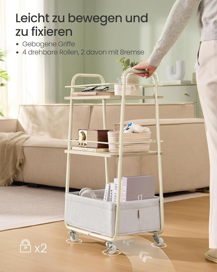 VASAGLE LILEA Kollektion - Rollwagen mit Korb aus Stoff, 3 Ebenen, Servierwagen mit Rollen, Ablagen,