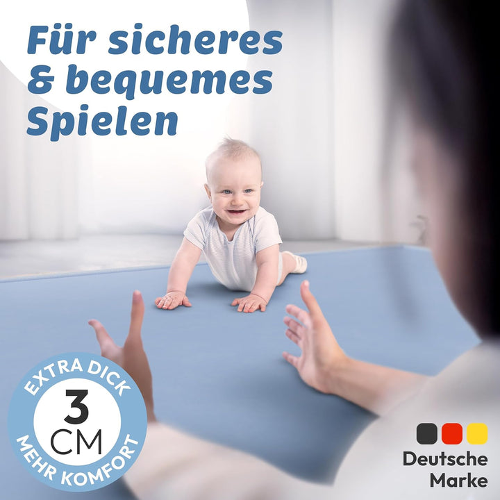 Seidenweiche Krabbelmatte Baby 200x150x3cm blau Extra Dicke(3cm) Spielmatte Kinder mit Premium Memor