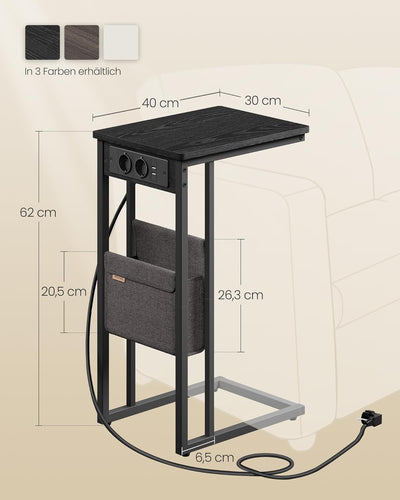 VASAGLE Beistelltisch, Nachttisch mit Steckdosen, C Form, Couchtisch für kleine Räume, 2 USB-Anschlü