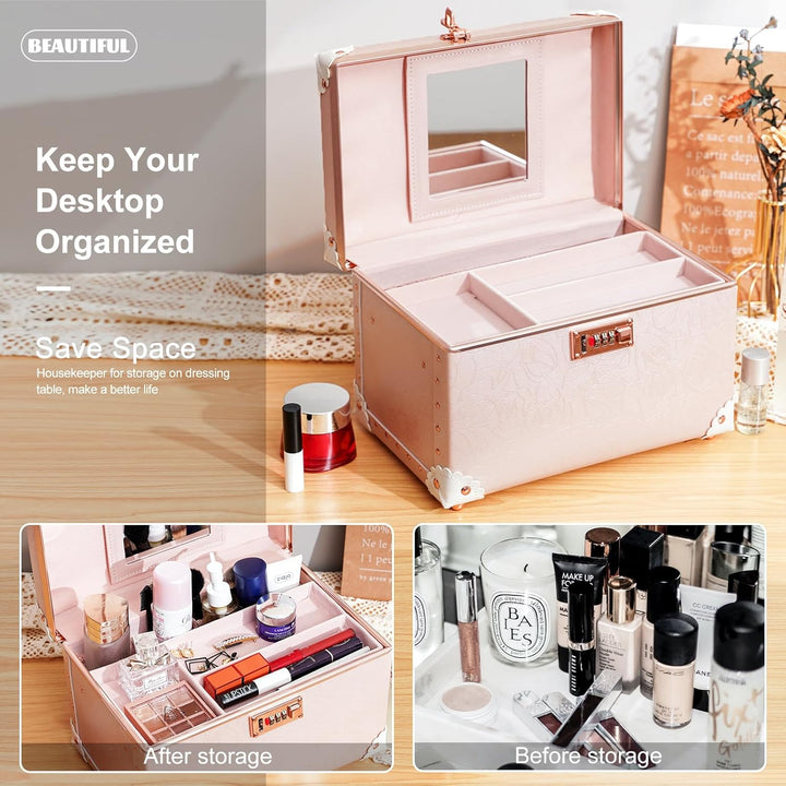 urecity Vintage Leder Kosmetikkoffer mit Spiegel - Hartschale Schminkkoffer für Damen, Reise Make-up