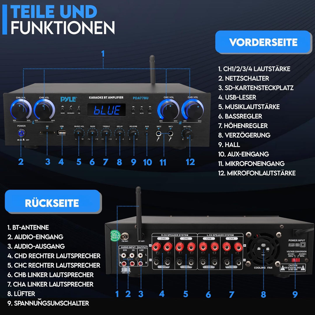 Pyle Amplifier, 800W Bluetooth Verstärker – 4-Kanal Mini Amp mit MP3, USB, AUX, SD, Mikrofon, FM, RC