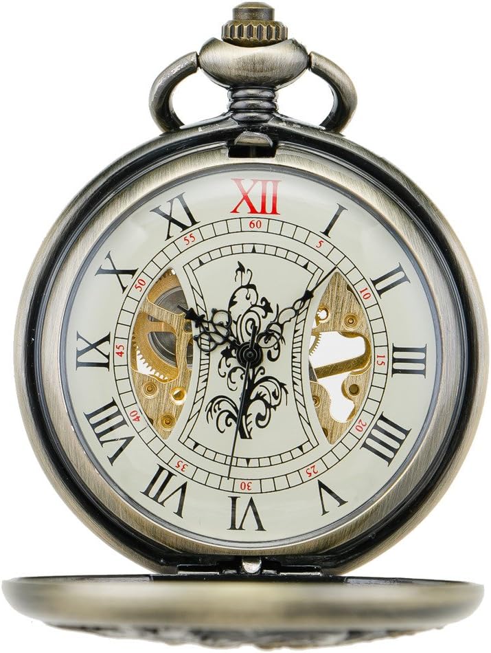 TREEWETO Unisex Taschenuhr mit Kette Analog Handaufzug Antik Drache Phönix Skelett Bronze