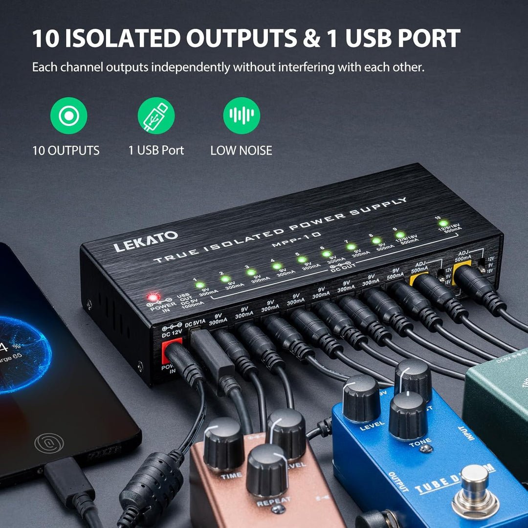 LEKATO Gitarre Pedal Netzteil, 10 Isolierte Ausgang für 9V/12V/18V, Effektpedal-Netzteil für E-Gitar
