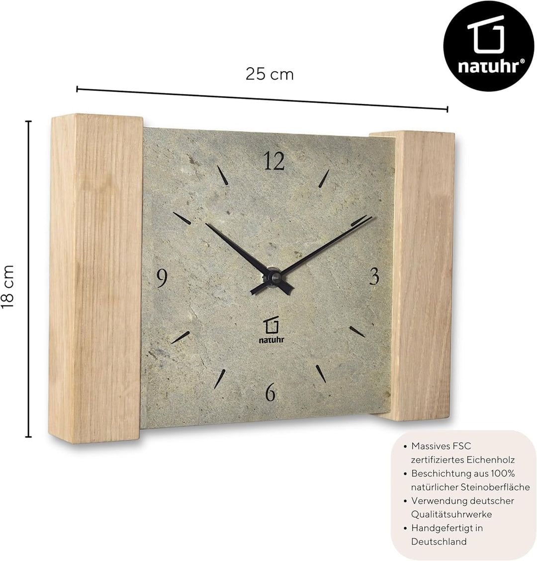 Natuhr Tischuhr Wanduhr Wildspitze Holz Eiche Heller Stein Schiefer Funkuhrwerk (Grau/Eiche unbehand
