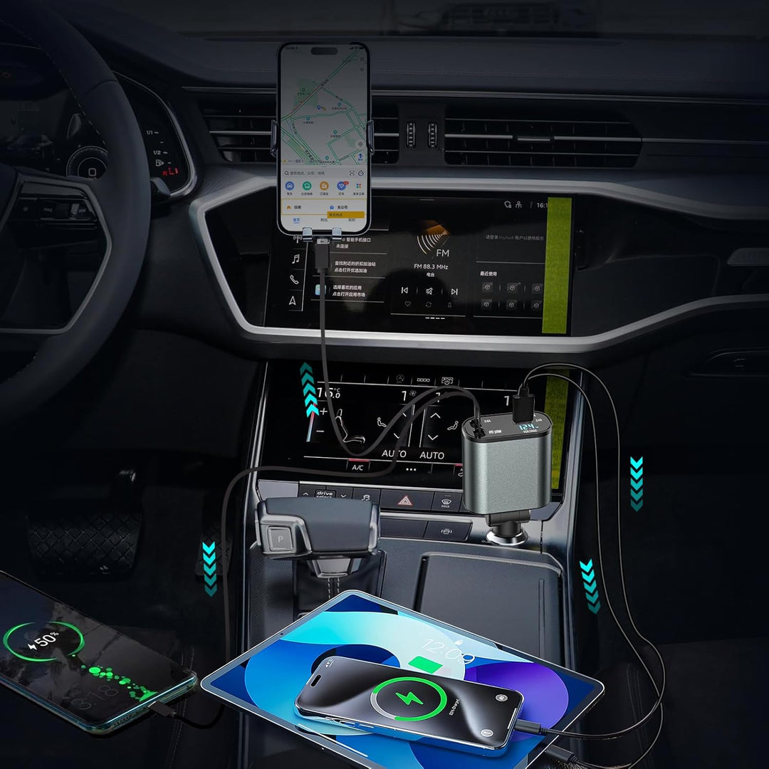 Auto Ladegerät Zigarettenanzünder USB C 4in1 56W, KFZ Ladegerät mit 2 einziehbaren Kabeln(Type C, Li