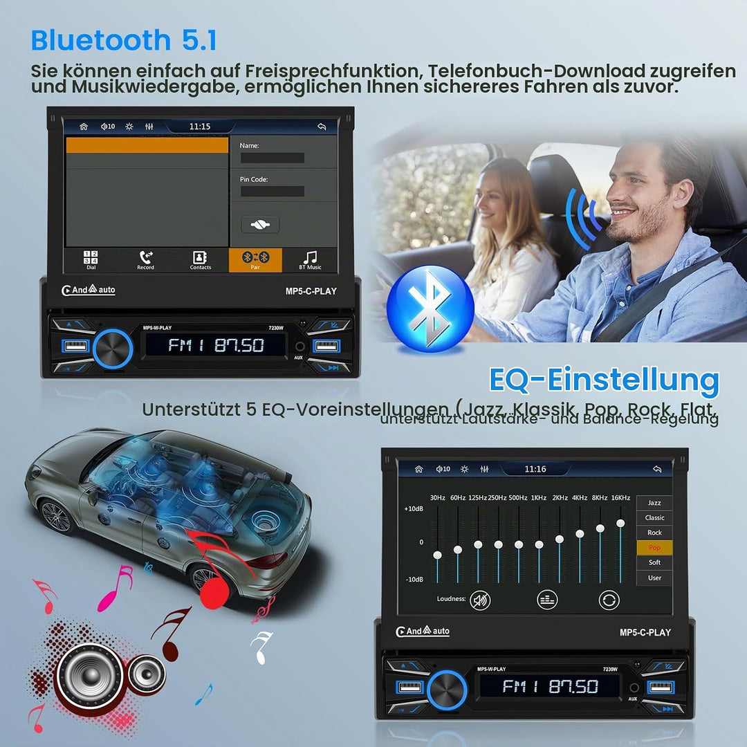 Hikity 1 Din Autoradio Wireless Carplay, 7 Zoll Bildschirm Touchscreen Motorisiertes Teleskop Displa