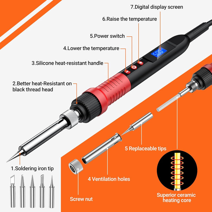 Lötkolben-Set, Preciva 80 W 220 V, Lötset, einstellbare Temperatur 220 ℃ ~ 500 ℃, 5 Stück, Lötspitze