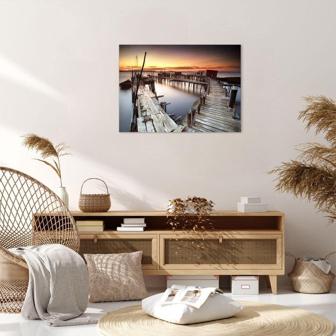 Bilder auf Leinwand Brücke Boot Meer Leinwandbild mit Rahmen 70x50cm Wandbilder Dekoration Wohnzimme