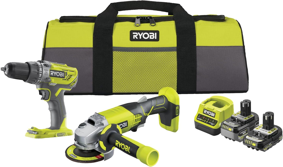 RYOBI 18 V ONE+ 6-tlg. Akku-Combo-Kit RCK182O-242SZL, Schlagbohrschrauber, Winkelschleifer, 2x Akkus