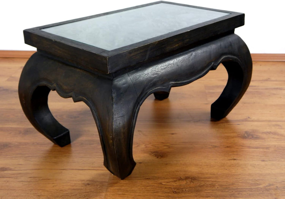 livasia Opiumtisch Glasplatte, Beistelltisch, Couchtisch aus Massivholz mit Elefantenschnitzerei (sc