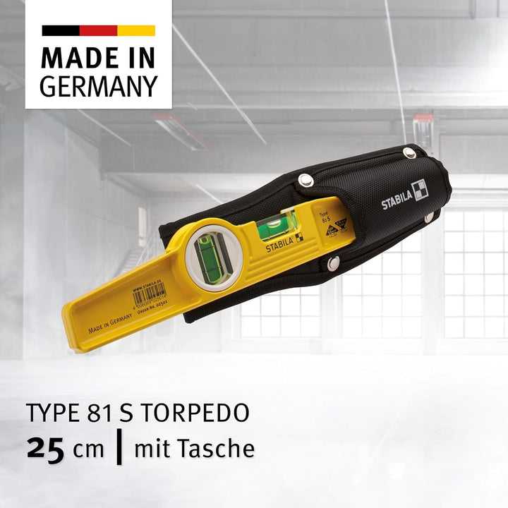 STABILA Wasserwaage Type 81 S Torpedo, 25 cm, robustes Alu-Gussprofil, 1 Horizontal-Libelle, 1 Verti