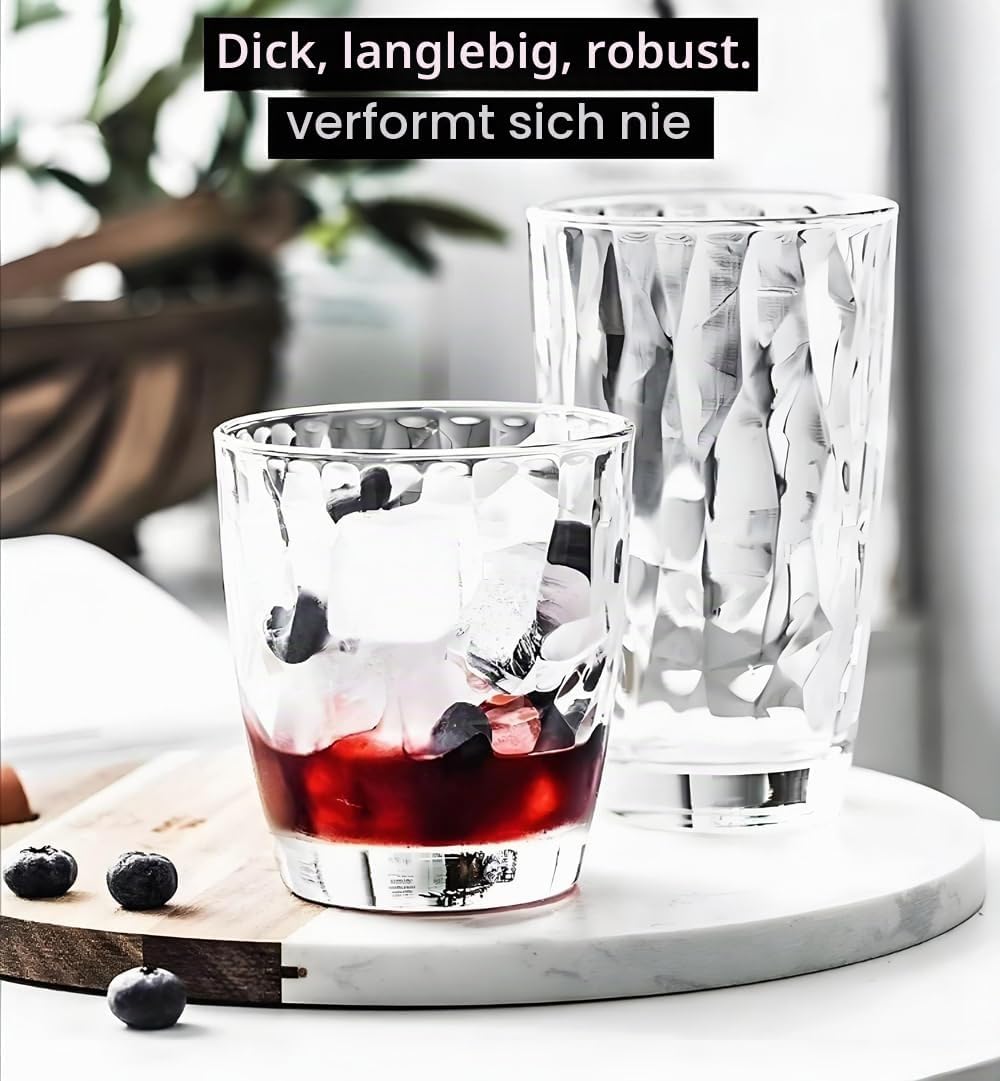 VeiledGem [aussehen wie Glas] 450 ml Set mit 6 Kunststoff-Trinkgläsern, spülmaschinenfest, BPA-frei,