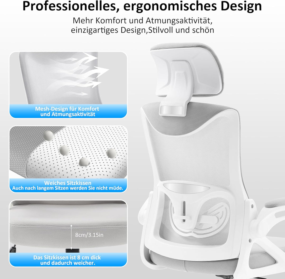 Fizzin Ergonomischer Bürostuhl Grau Schreibtischstuhl mit Verstellbarer Lendenstütze und Kopfstütze