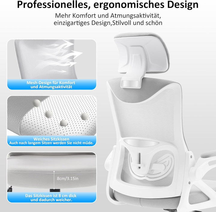 Fizzin Ergonomischer Bürostuhl Grau Schreibtischstuhl mit Verstellbarer Lendenstütze und Kopfstütze