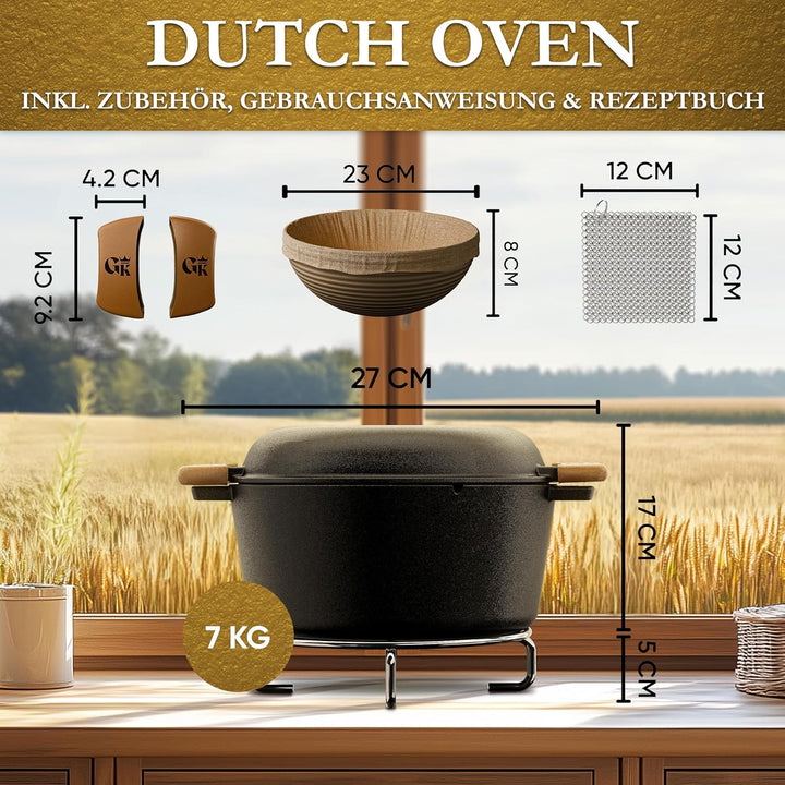 2in1 Gusseisen Brotbackform mit Gärkörbchen–Eingebrannter Gusseisen Topf Brot Backen 4,8L & Grillpfa