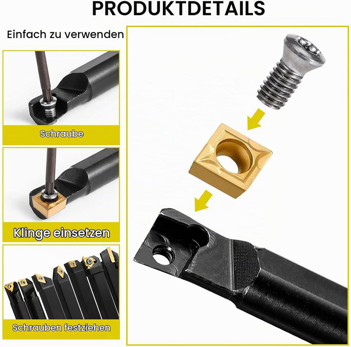 Drehwerkzeughalter Set 12mm, Inhalt 7 Stk.12mm Schaft-Bohrstangenhalter,14 Stk. Hartmetall-Wendeschn