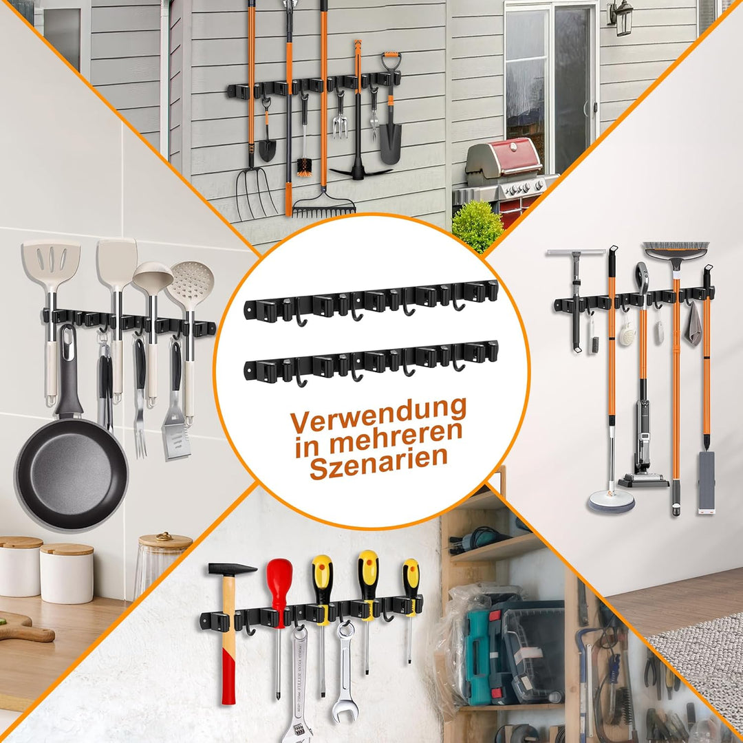 OMerima 2 Stück Besenhalterung Wand, 10 Halter + 8 Haken Edelstahl Gerätehalter, Selbstklebend Garte