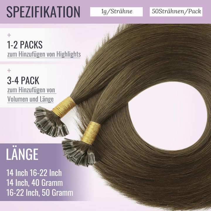 Fshine Extensions Echthaar Bondings 55cm Menschliches Haar Farbe Dunkelste Braune 50g 1g Pro Strähne