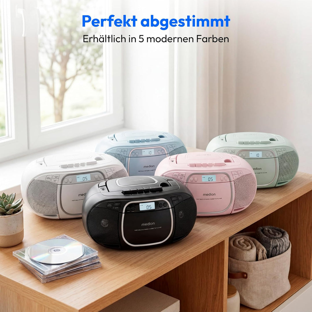 MEDION E66476 Stereo Sound System (Boombox, CD-Player, MP3, Kassette, tragbarer Kassettenspieler für