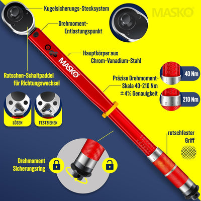 MASKO® Drehmomentschlüssel 6tlg. Set 40-210Nm 1/2 ' CV inkl. 3 Stecknüsse 17mm 19mm 21mm & Verlänger