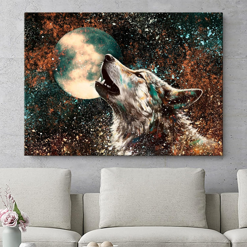 Artmazing | Wolf Bild Bunt | Bild Wolf Mond auf Leinwand | Wolfsbilder Modern | Bilder Wohnzimmer gr