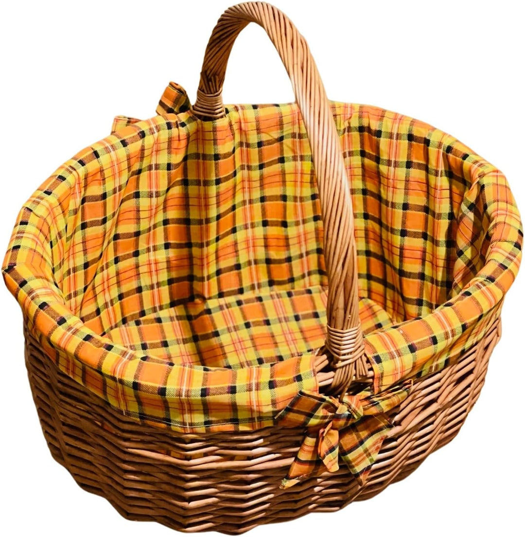 grosser Einkaufskorb aus Weide, mit Karierter Textileinlage, Bügelkorb, Weidenkorb,