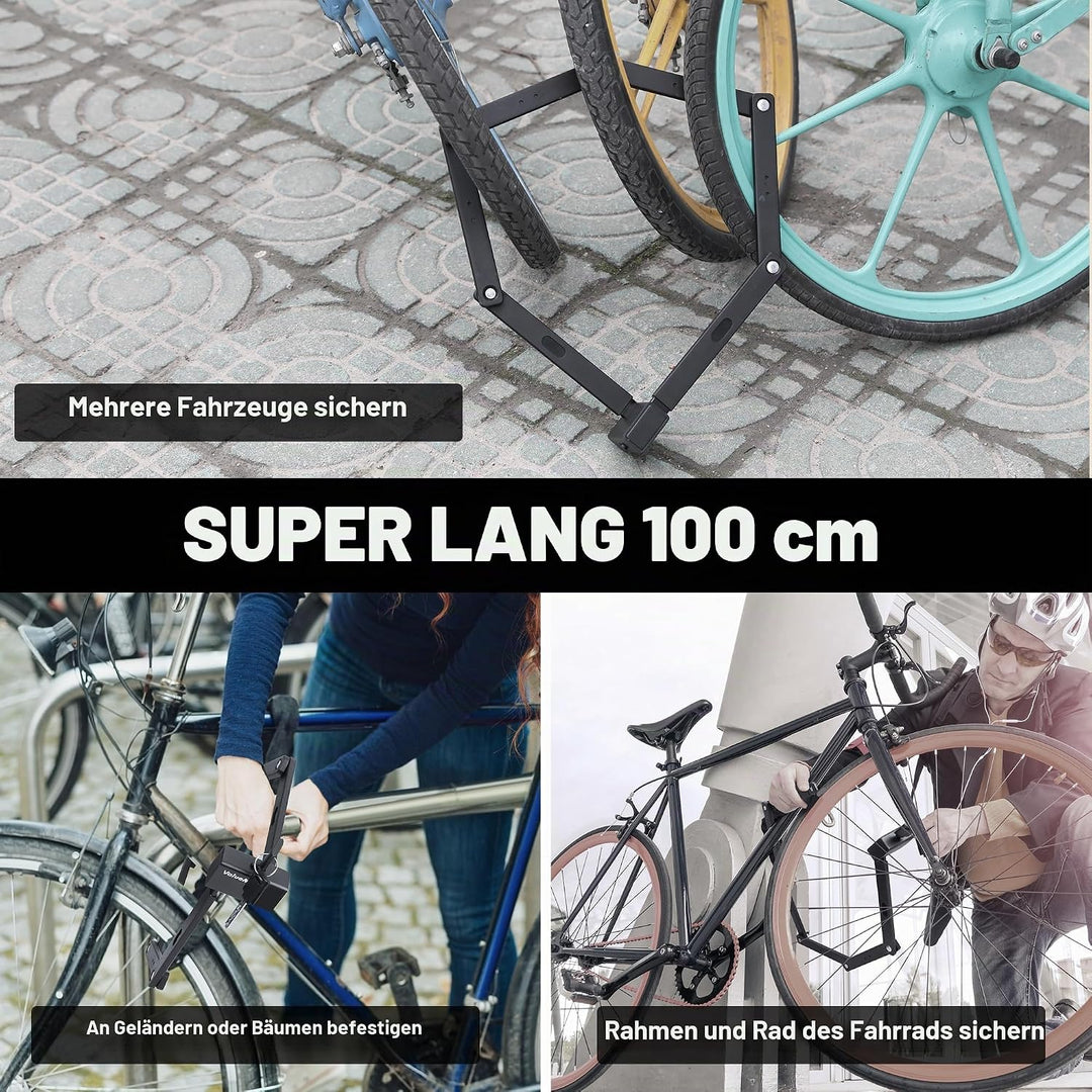 ValueMax Faltschloss mit Halterung, Fahrradschloss aus gehärtetem Stahl mit 2 Schlüssel, 100cm lang