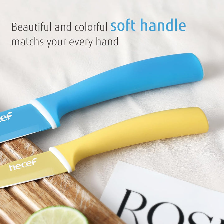 hecef 6 Teilig Messer Set mit Schutz, Küchenmesser Set Bunte Non-Stick, Scharfe Messerset Edelstahl,