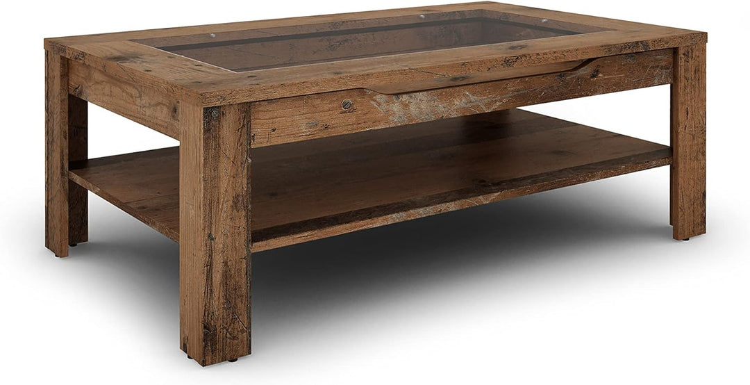 byLIVING Couchtisch Ralph/moderner Sofatisch mit Glaseinlage und grosszügiger Schublade in Old Wood-