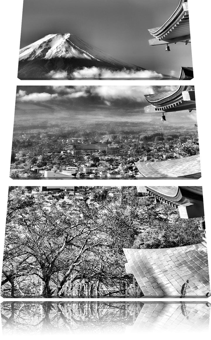Pixxprint Tempel am Fudschijama Japan als Leinwandbild/Grösse: 3 Teilig (120x80) / Wandbild/Kunstdru
