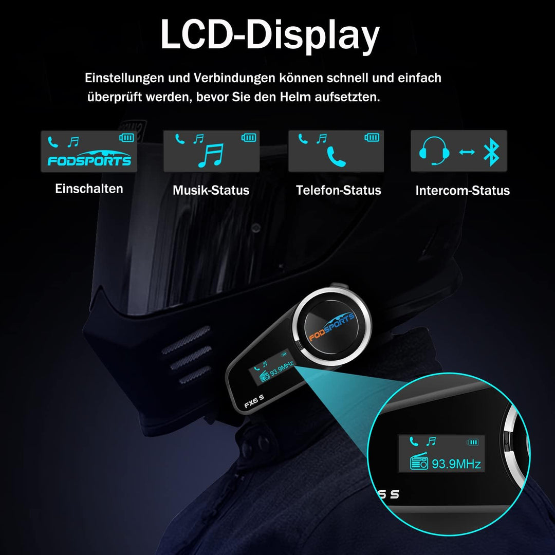 Fodsports FX6S Motorrad Intercom mit LCD Bildschirm, Motorrad Bluetooth Headset für bis zu 6 Motorrä