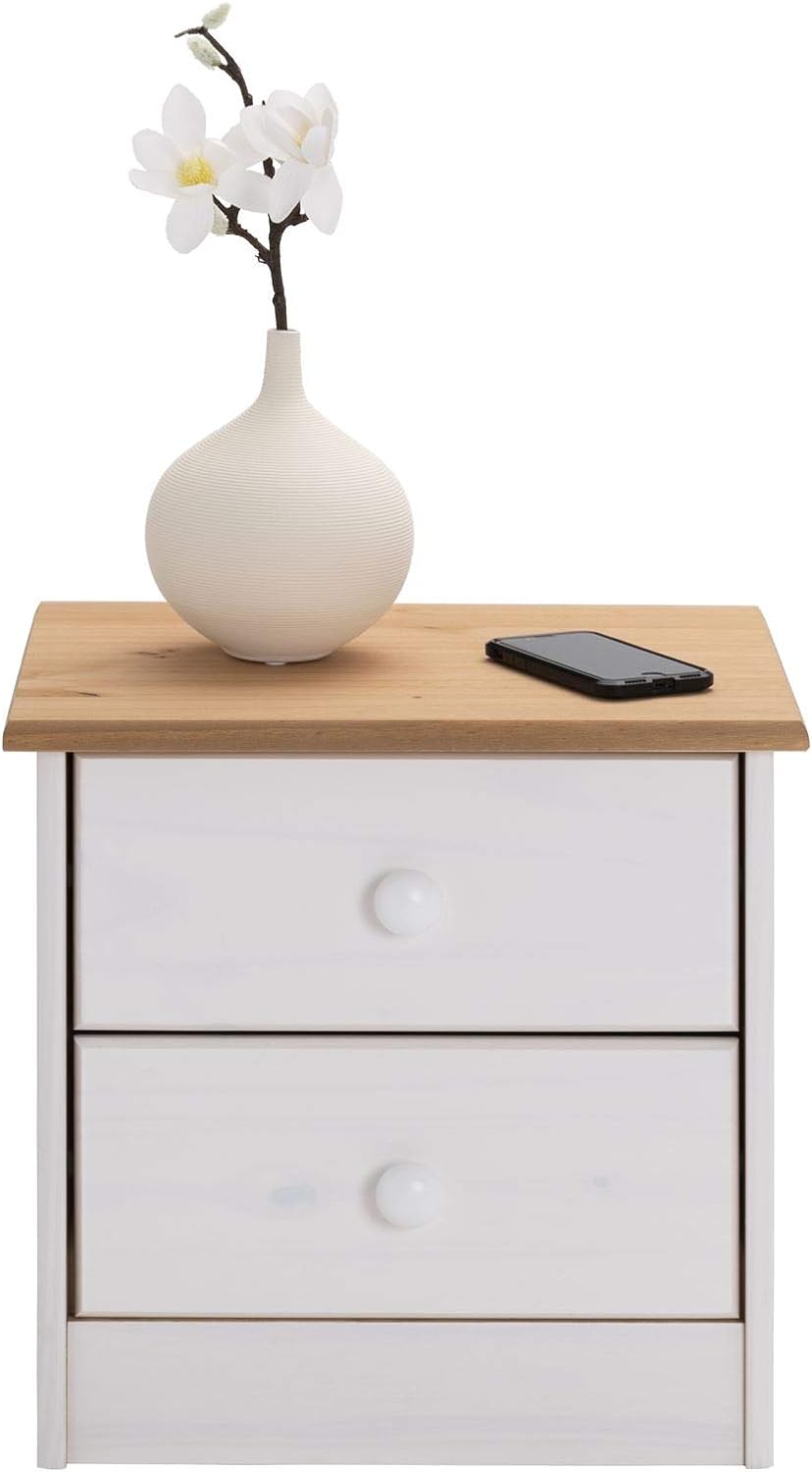 IDIMEX Nachttisch Rondo,Kommode aus Kiefer massiv, weiss/braun lackiert, 2 Schubladen, Landhausstil,