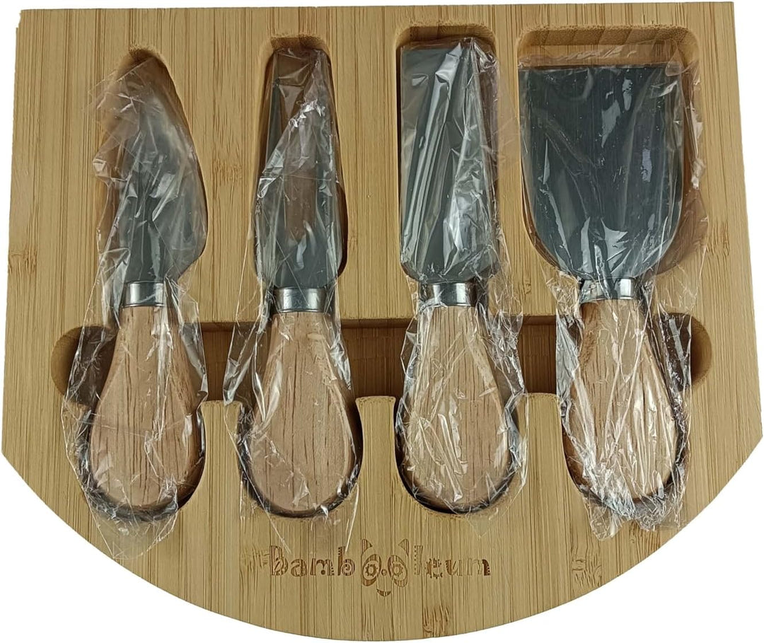 BAMBOOLEUM® Rundes Bambus Schneidebrett mit vier Messern Set in Magnet geschlossene Schubladen