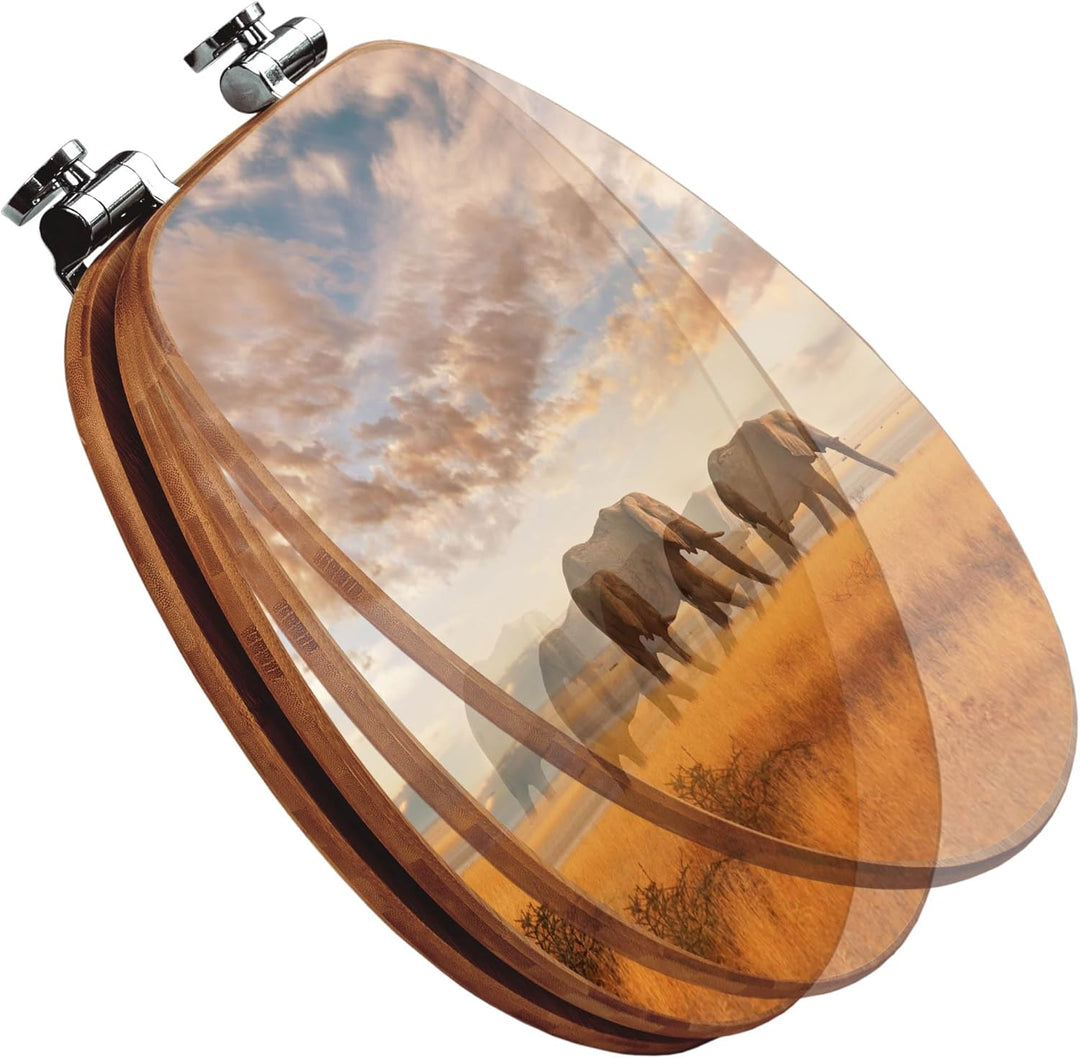 banjado® Design WC Sitz Bambus Absenkautomatik mit Motiv Elefanten/Toilettendeckel mit Absenkautomat