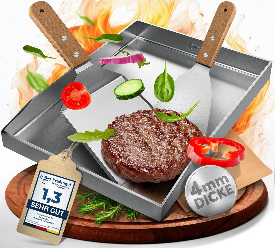 Grillplatte aus 4mm rostfreiem Edelstahl [40 x 30cm] - Plancha mit Grillspachtel Set & Burgerpapier