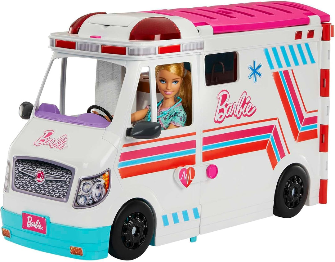Barbie 2-in-1-Krankenwagen Spielset, Rettungswagen mit Lichtern und Geräuschen, umwandelbar in Pfleg