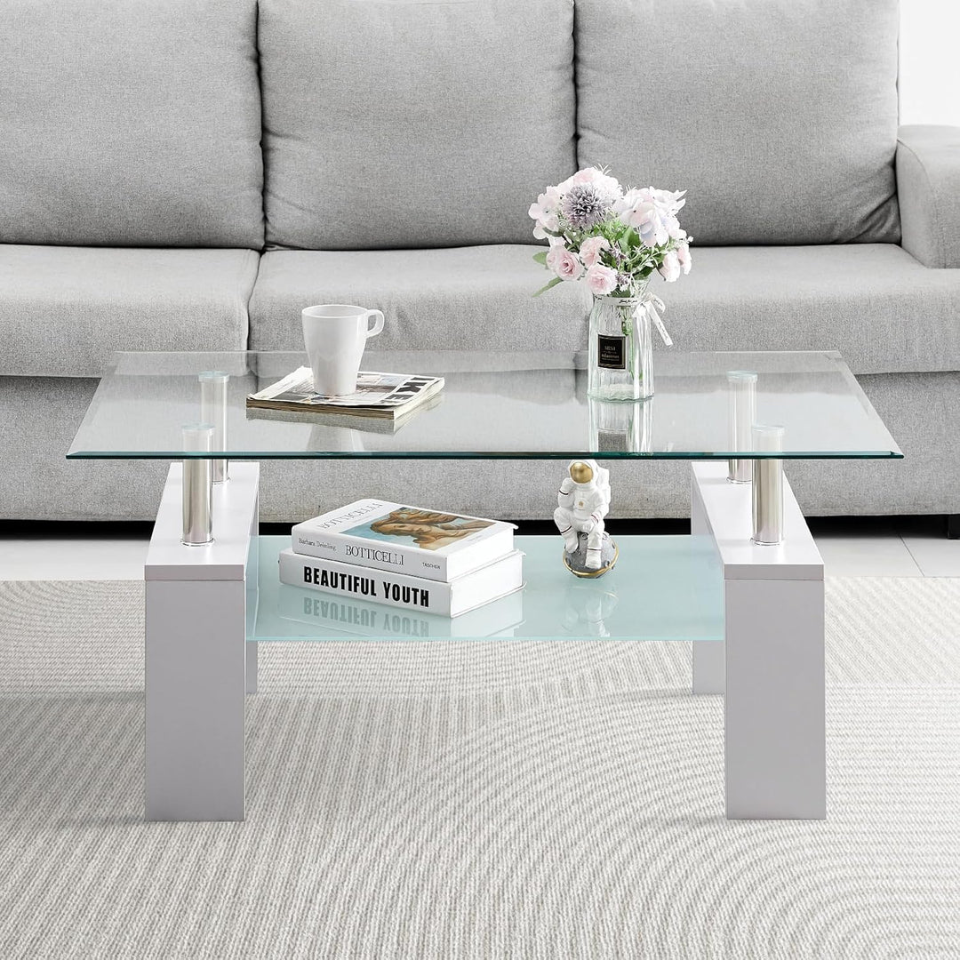 TUKAILAI Couchtisch Glas modern, Rechteckiger Wohnzimmertisch Beistelltisch mit unterer Ablage, Kaff