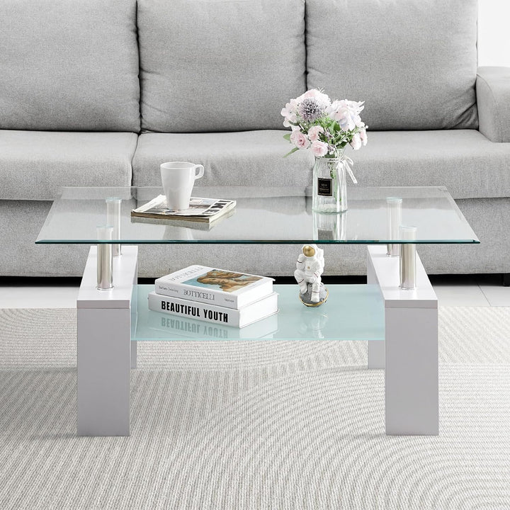 TUKAILAI Couchtisch Glas modern, Rechteckiger Wohnzimmertisch Beistelltisch mit unterer Ablage, Kaff