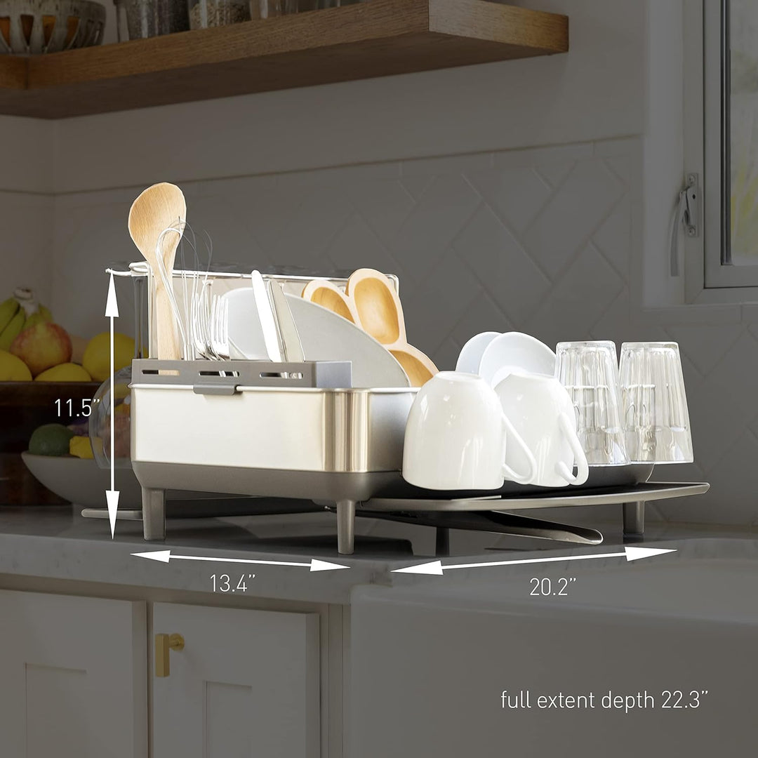 Simplehuman KT1181 Stahlrahmen Abtropfgestell Geschirr mit Abtropfschale, Geschirrständer mit Bestec