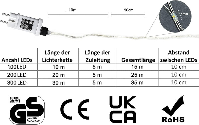 Gresonic 200/300er LED Mikro Silberdraht Lichterkette Strombetrieb Deko für Innen Aussen Warmweiss (