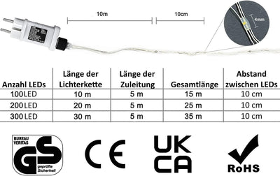 Gresonic 200/300er LED Mikro Silberdraht Lichterkette Strombetrieb Deko für Innen Aussen Warmweiss (