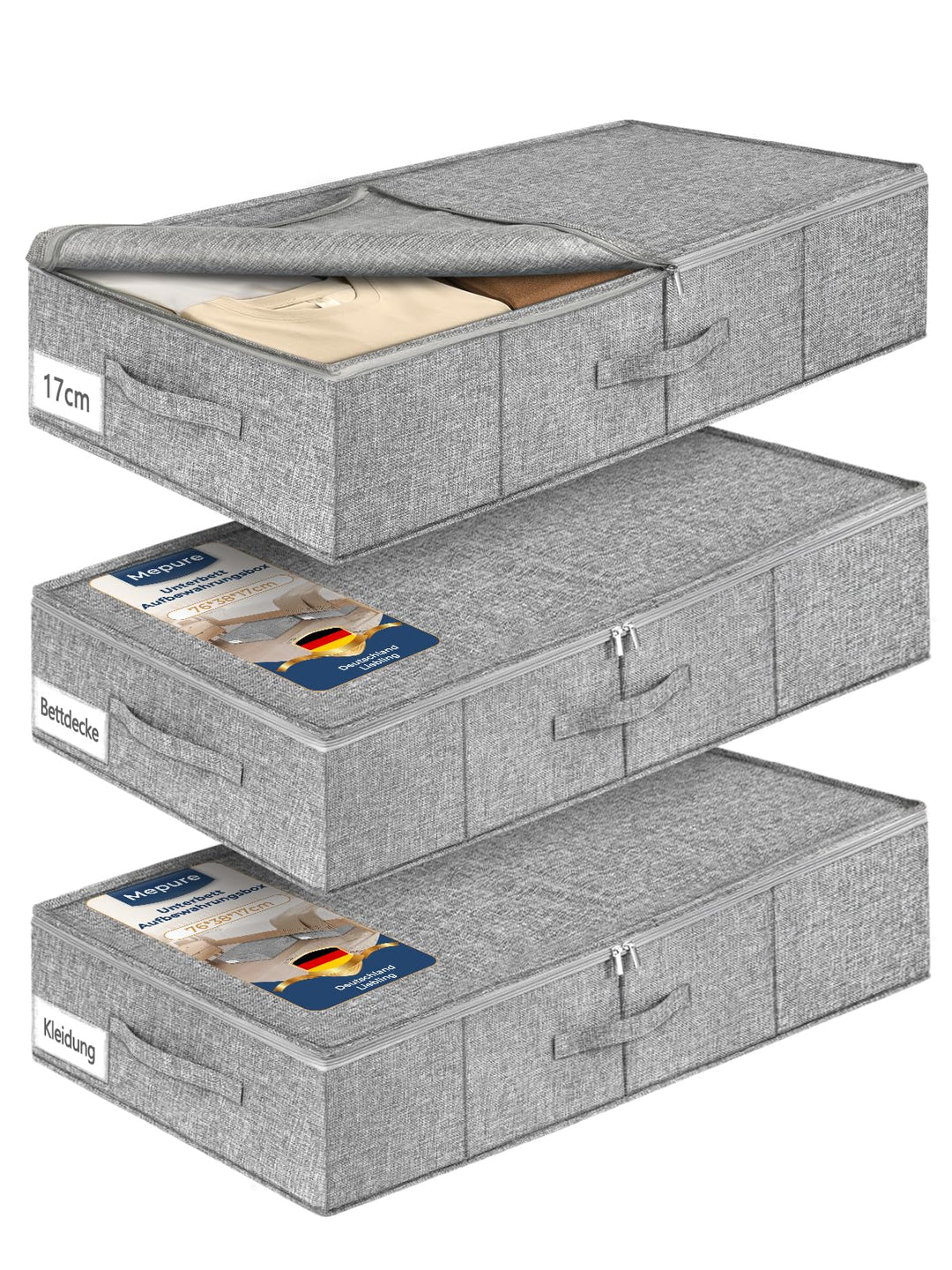 mepure Unterbett Aufbewahrungsbox,3 Stück – 50L Faltbare Unterbettkommode mit Deckel & Doppelreissve